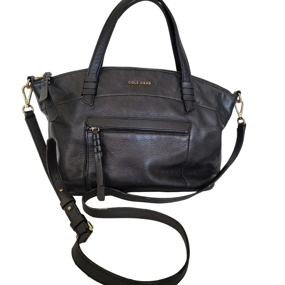 Cole Haan Black Leather Satchel Crossbody Bag Gold Hardware Braided Zip Pull